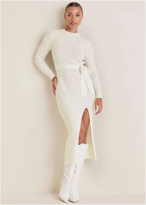 Belted Maxi Sweater Dress - Off White Graphic Sweater Embroidered Appliqued