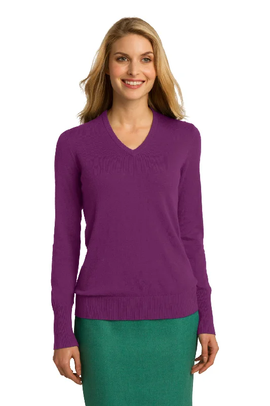 Port Authority Womens Long Sleeve V-Neck Sweater - Deep Berry Purple Lace Blend Ribbed Blend Corduroy Blend