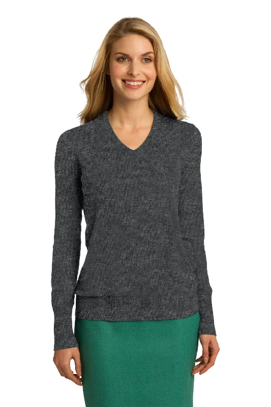 Port Authority Womens Long Sleeve V-Neck Sweater - Heather Charcoal Grey Terry Blend Velvet Blend Canvas Blend