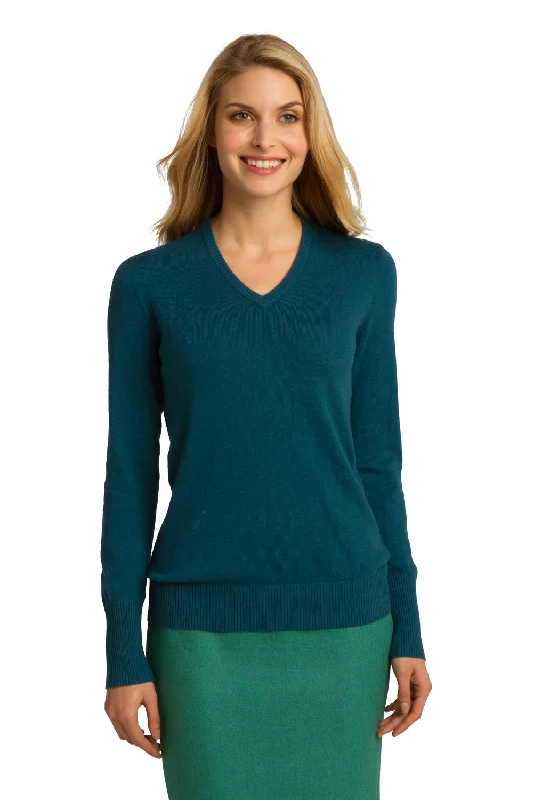 Port Authority Womens Long Sleeve V-Neck Sweater - Moroccan Blue Chenille Blend Fleece Blend Nylon Blend