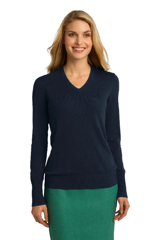 Port Authority Womens Long Sleeve V-Neck Sweater - Navy Blue Mesh Blend Leather Blend Suede Blend