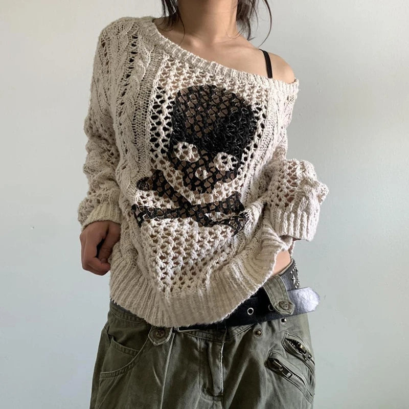 Skull Print Hollow Out Long Sleeve Knitted Sweater Elegant Classic Vintage