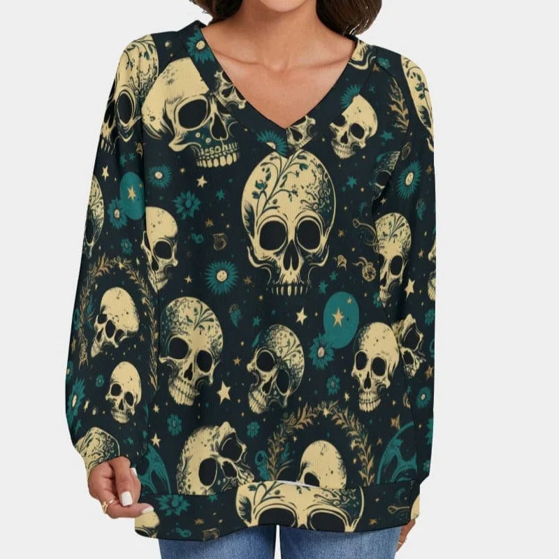 Women's Celestial Skulls V-neck Sweater With Long Sleeve Transparent Opaque Sheer