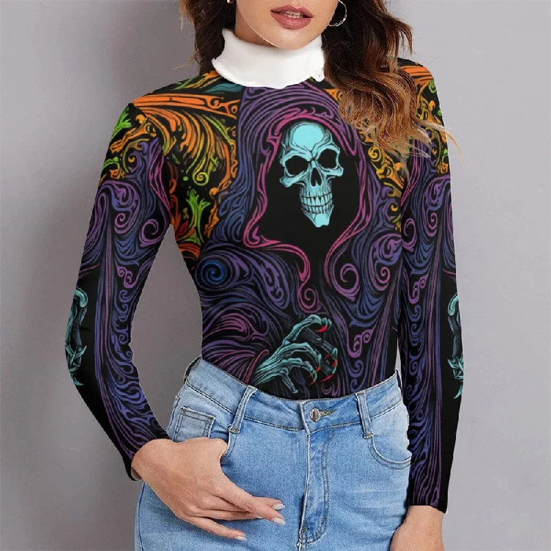 Women's Hooded Skull Long Sleeve Lapel Sweater Glossy Satin Silk