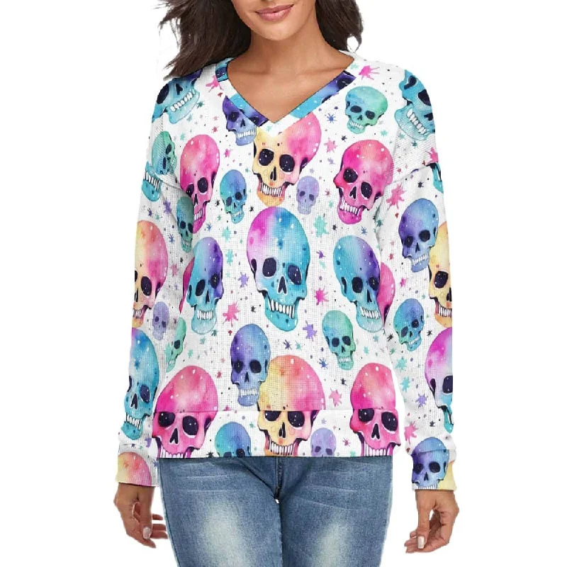 Women's Pink Blue Skulls V-Neck Long Sleeve Sweater Ribbed Striped Patterned