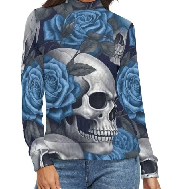 Women's Skull Blue Floral Autumn Long Sleeve Turtleneck Sweater Herringbone Houndstooth Plaid