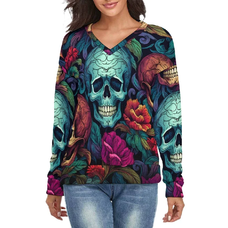 Women's Vibrant Skulls V-Neck Style Long Sleeve Sweater Neon Metallic Matte