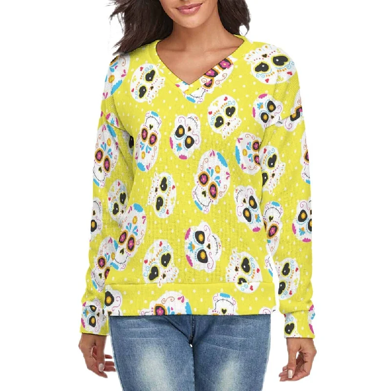 Women's Yellow Sugar Skulls V-Neck Long Sleeve Sweater Layered Multi-layer Single Layer