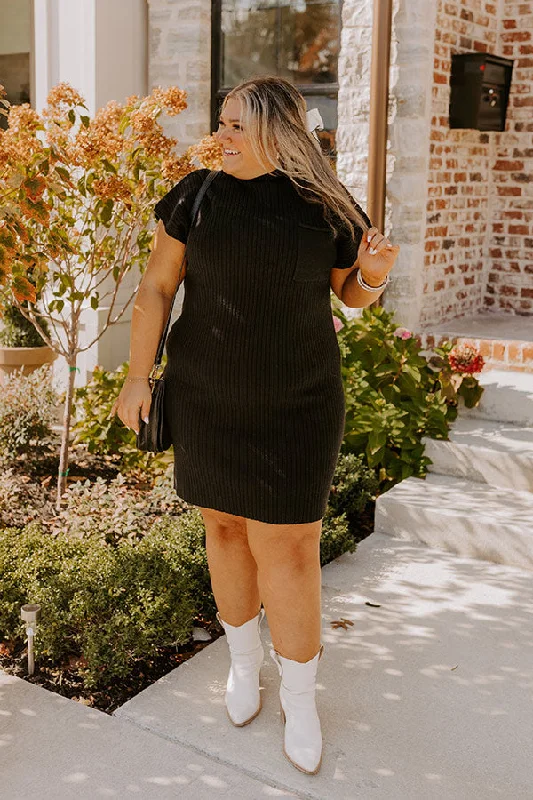 Autumn Crisp Ribbed Sweater Dress in Black Curves Cotton Fabric Linen Fabric Terry Fabric