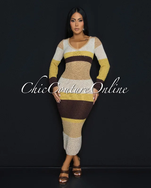 Benjy Yellow Multi-Color Stripes Sweater Dress Stretchy Elastic Breathable