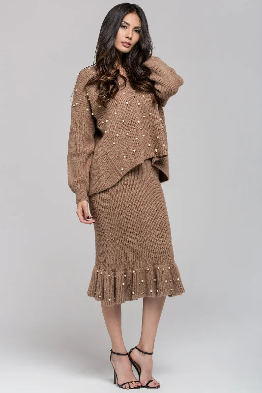 Brown Knit Pearl Detail Sweater and Skirt Set Mesh Fabric Canvas Fabric Denim Fabric Brown Knit Pearl Detail Sweater and Skirt Set Mesh Fabric Canvas Fabric Denim Fabric