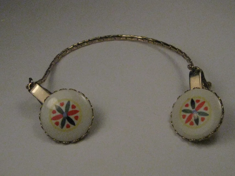 Vintage Sweater Guard/Clip with Round Hex Sign Ceramic Accents, late 1950's-1960's Mesh Sweater Canvas Denim Vintage Sweater Guard/Clip with Round Hex Sign Ceramic Accents, late 1950's-1960's Mesh Sweater Canvas Denim