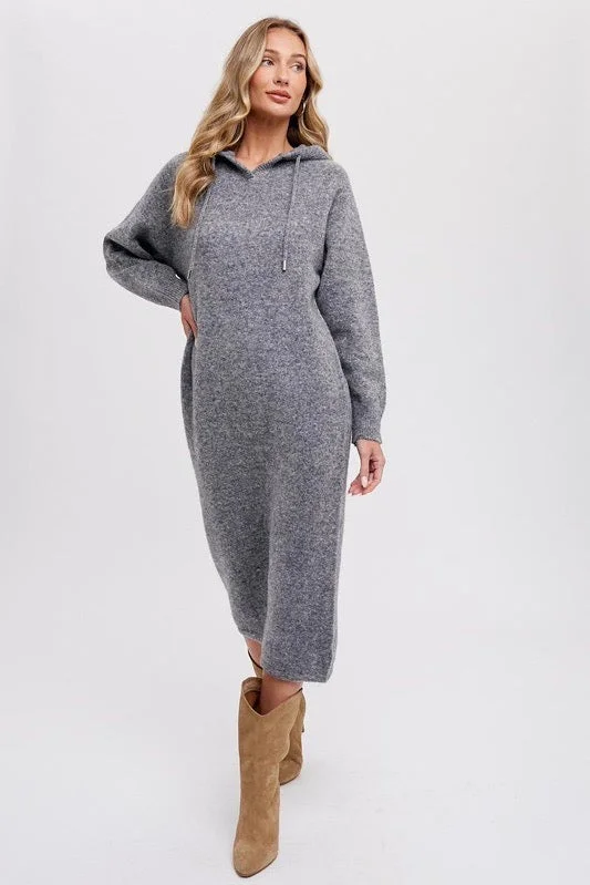 Hoodie Sweater Shift Dress - Grey Ribbed Striped Patterned