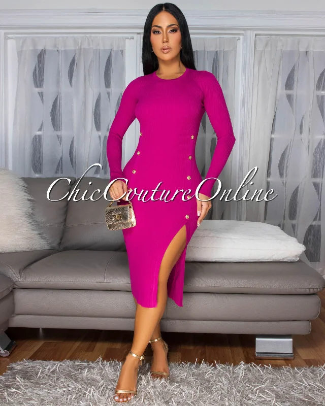 Karissa Magenta Ribbed Gold Buttons Sweater Dress Embroidered Appliqued Beaded