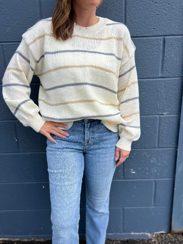 Long Sleeve Striped Sweater Front Pockets Side Pockets Patch Pockets