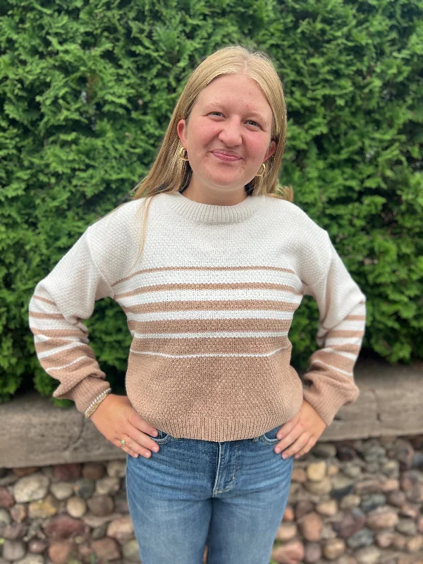 Long Sleeve Striped Sweater Cable Knit Ribbed Knit Lace Knit
