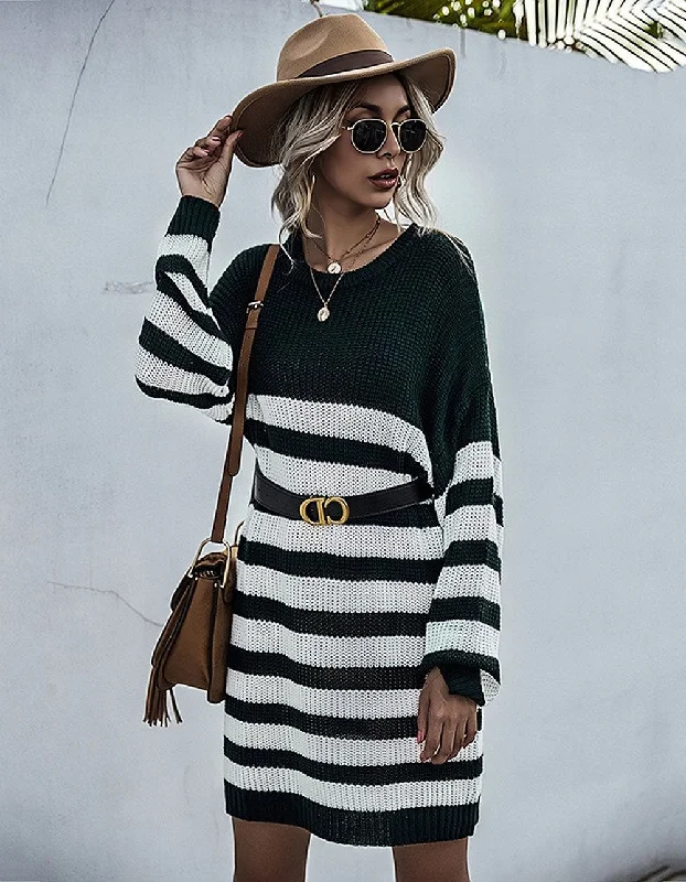 Long Sleeve Strpe PrintedRound Neck Knitted Sweater Dresses Welt Pockets Slit Pockets Flap Pockets Long Sleeve Strpe PrintedRound Neck Knitted Sweater Dresses Welt Pockets Slit Pockets Flap Pockets