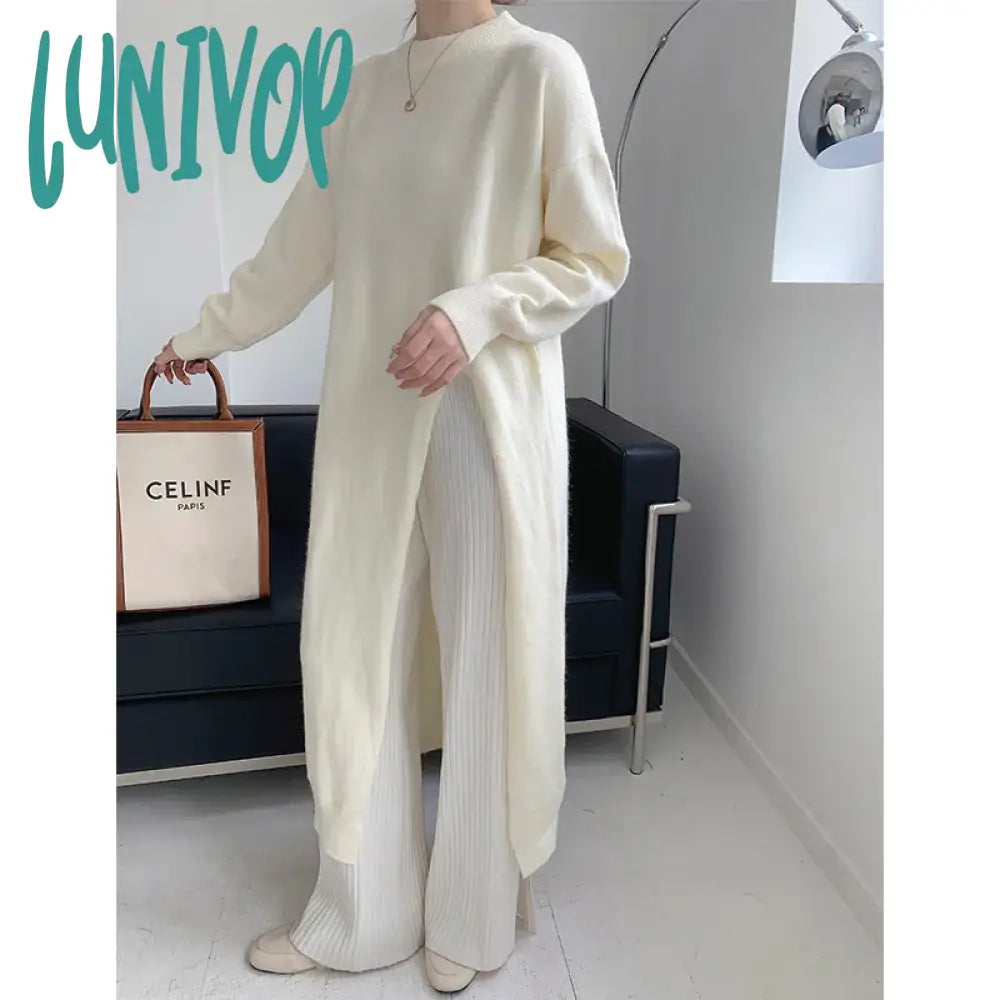 Lunivop European High-waisted Split New Chic and Unique Beautiful Knitted Sweater Dress Women's Fall and Winter Sweater Outside Dresses Denim Fabric Leather Fabric Suede Fabric
