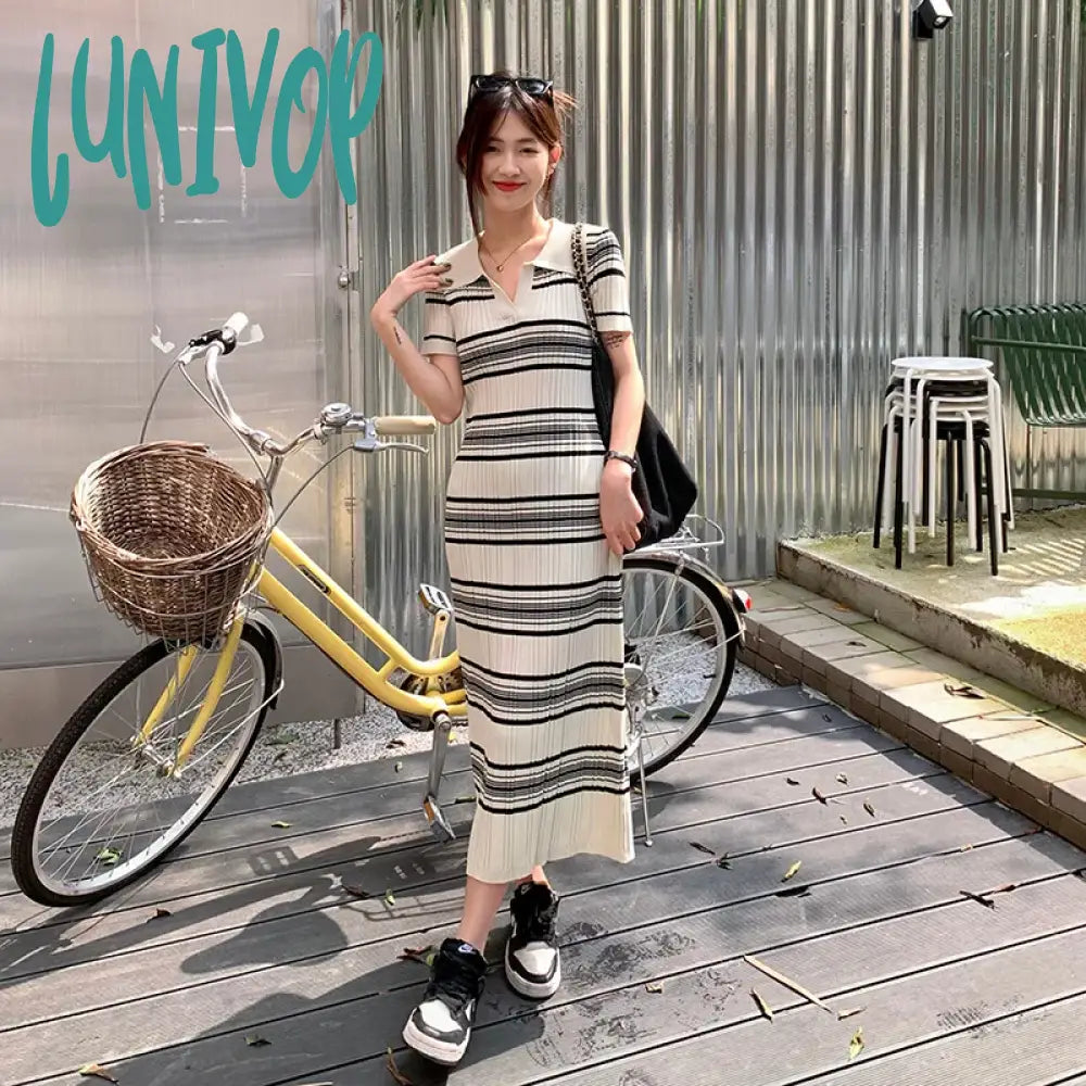 Lunivop Fashion Women Short Sleeve Chic Summer Polo Collar Knitted Stripes DressNew Slim Elastic All Match Streetwear Sweater Glossy Satin Silk