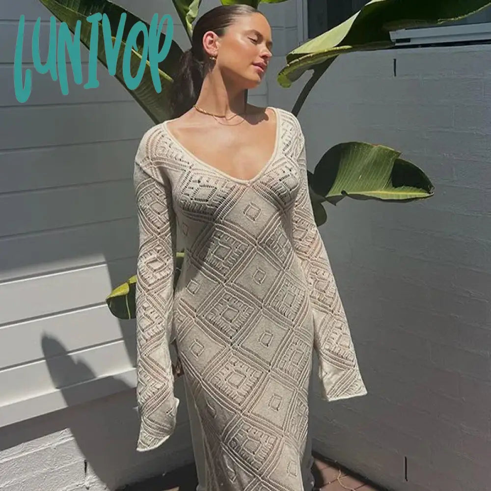 Lunivop Knit Hook flower Hollow Deep V Sweater Dress Beachwear Holiday Outfits for Women Elegant Long Sleeve Dresses Robes Real Fur Shearling Chenille Lunivop Knit Hook flower Hollow Deep V Sweater Dress Beachwear Holiday Outfits for Women Elegant Long Sleeve Dresses Robes Real Fur Shearling Chenille