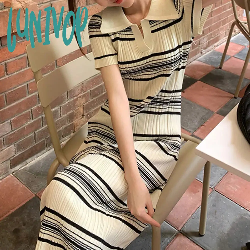 Lunivop Korean Casual Striped Knitted Dress Women Summer New Turn-down Collar Design Short Sleeve Midi Dress Ladies Sweater Dress Sweater Knitwear Pullover Lunivop Korean Casual Striped Knitted Dress Women Summer New Turn-down Collar Design Short Sleeve Midi Dress Ladies Sweater Dress Sweater Knitwear Pullover