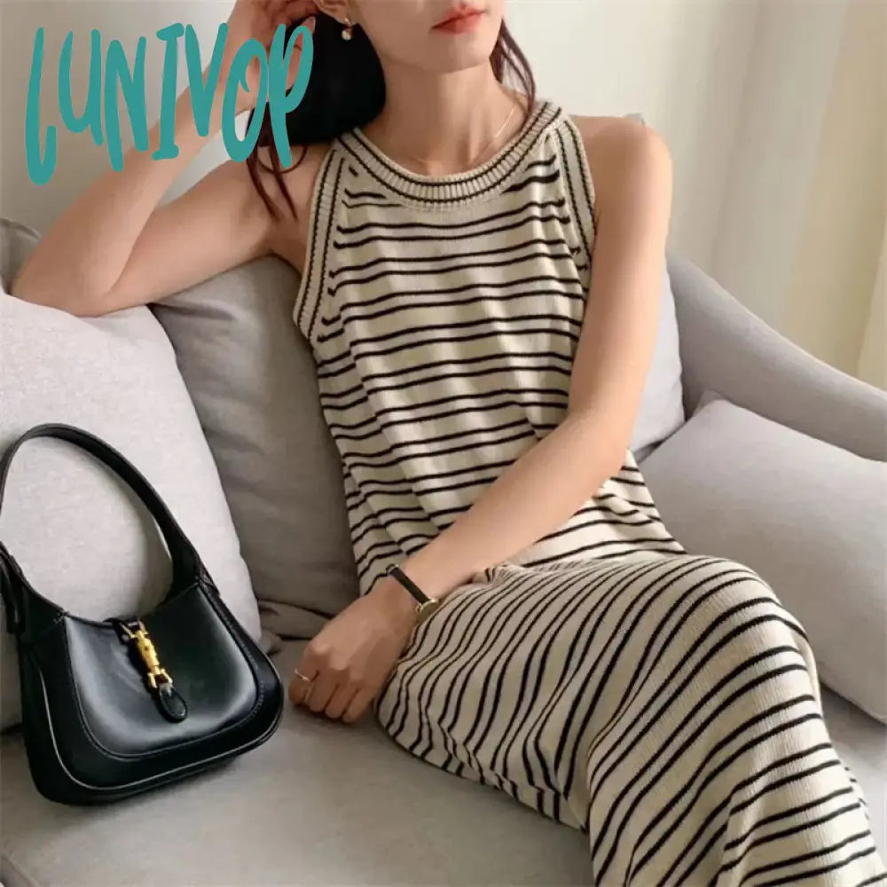 Lunivop Korean Fashion Knitted Dress Women Summer O-neck Sleeveless Striped Maxi Summer Staight Sweater Vestidos Satin Blend Silk Blend Wool Blend Lunivop Korean Fashion Knitted Dress Women Summer O-neck Sleeveless Striped Maxi Summer Staight Sweater Vestidos Satin Blend Silk Blend Wool Blend
