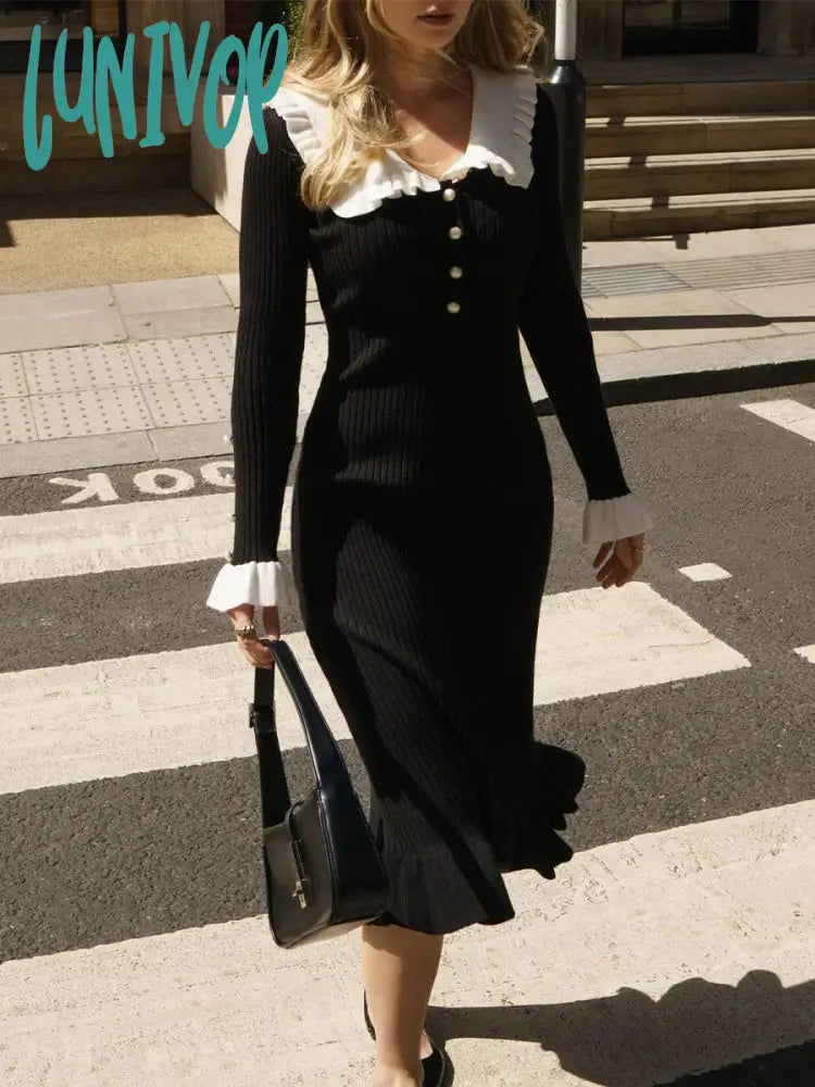 Lunivop Ladies Vintage Pearl Button Ruffle Sweater Dress Winter White Peter Pan Collar Knit Dress Female Chic Elegant Party Dress Handmade Hand-knitted Hand-woven Lunivop Ladies Vintage Pearl Button Ruffle Sweater Dress Winter White Peter Pan Collar Knit Dress Female Chic Elegant Party Dress Handmade Hand-knitted Hand-woven