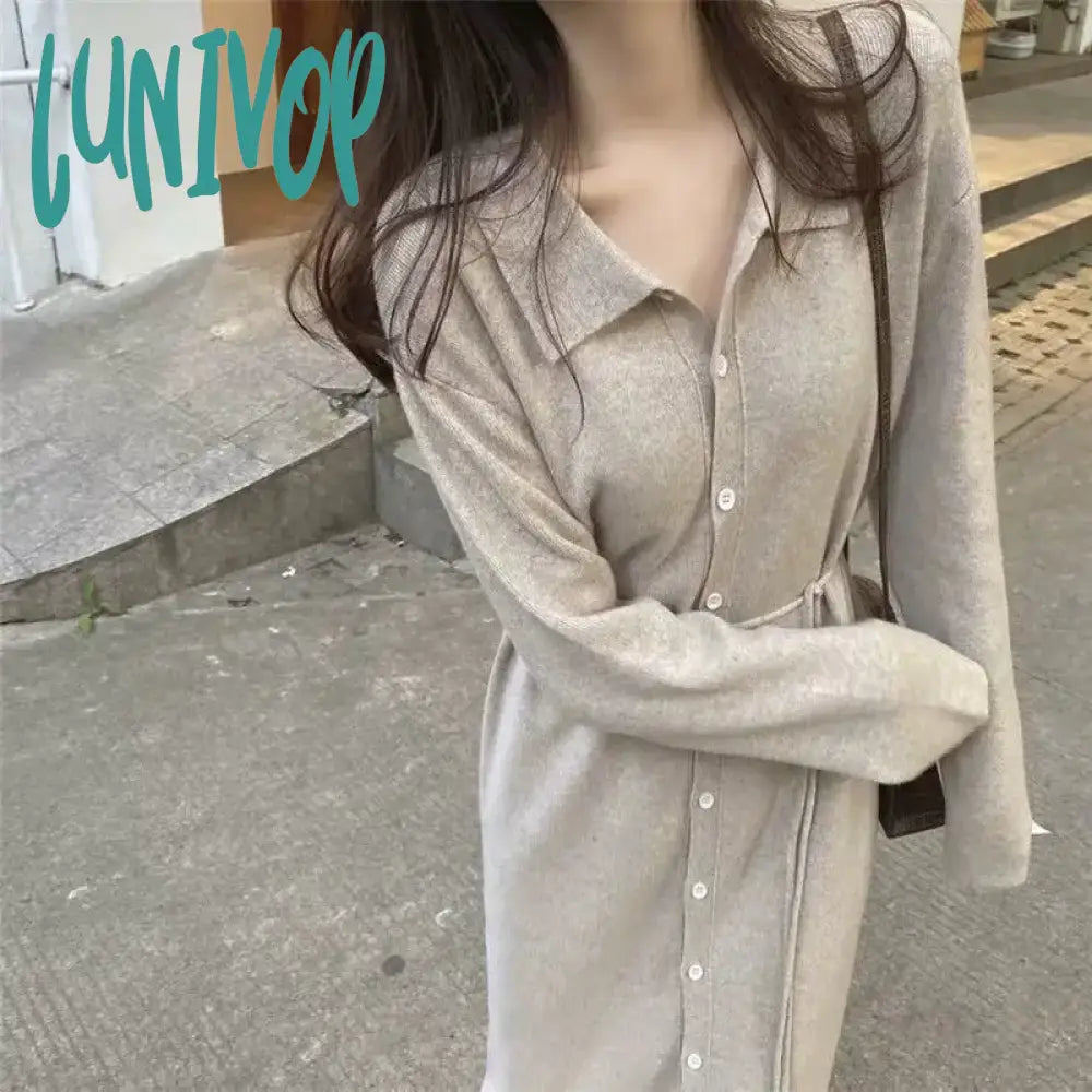 Lunivop Women Knitted Midi Dress Korean Fashion Loose Long Sleeve Single Breasted A-line Sweater Dresses Spring Ribbed Maxi Robe Vestido Sequined Glittery Shiny Lunivop Women Knitted Midi Dress Korean Fashion Loose Long Sleeve Single Breasted A-line Sweater Dresses Spring Ribbed Maxi Robe Vestido Sequined Glittery Shiny
