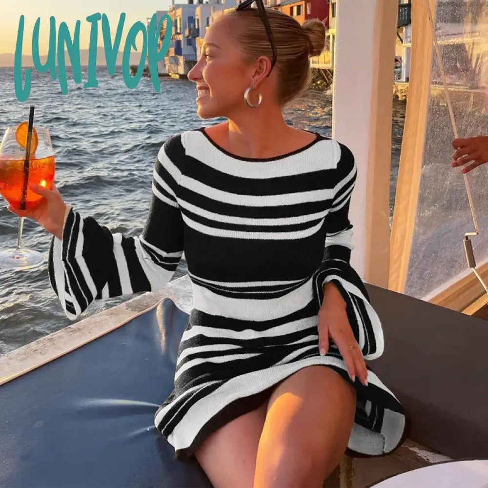 Lunivop Women Sexy Outfit Striped Pattern Crochet Elegant Bodycon Knitted Sweater Dress Open Back Flare Sleeve Streetwear Lightweight Heavyweight Midweight Lunivop Women Sexy Outfit Striped Pattern Crochet Elegant Bodycon Knitted Sweater Dress Open Back Flare Sleeve Streetwear Lightweight Heavyweight Midweight