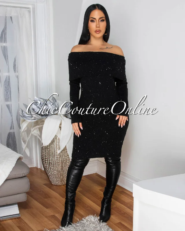 Marselle Black Gold Shimmer Knit Sweater Dress Handmade Hand-knitted Hand-woven