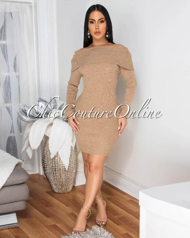 Marselle Mocha Gold Shimmer Knit Sweater Dress Anti-Pilling Anti-Shrink Durable