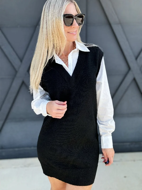 Mini Sweater Dress With Layered Shirt In Black Layered Multi-layer Single Layer
