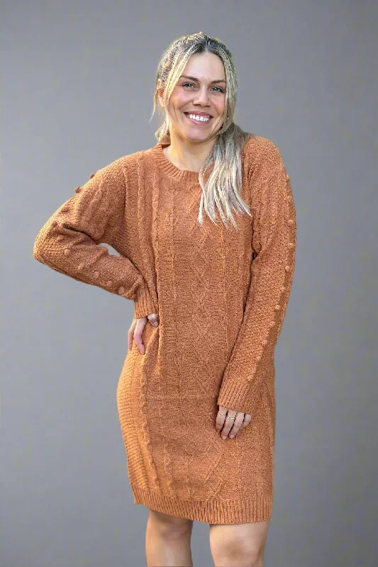 Pom Pom Detail Sweater Dress Brown Turtle Neck Boat Neck Asymmetrical Neck