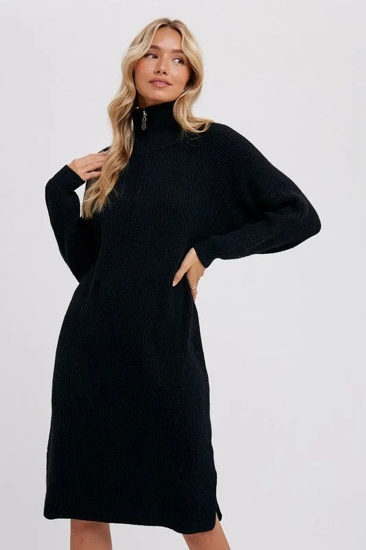 Quarter Zip Midi Sweater Dress - Black Chenille Fabric Brocade Fabric Lace Fabric