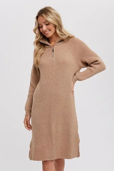 Quarter Zip Midi Sweater Dress - Latte Mesh Fabric Canvas Fabric Denim Fabric