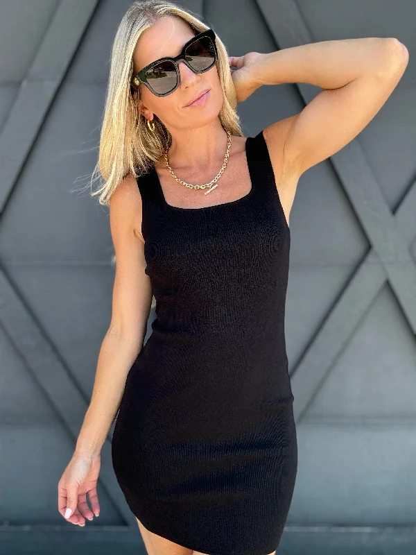 Scoop Neck Bodycon Sweater Dress In Black Open Front Closed Front Wrap Front