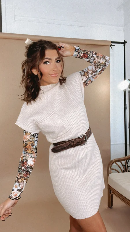 Dress It Up Mock Neck Sweater Dress, Taupe Ribbed Striped Patterned