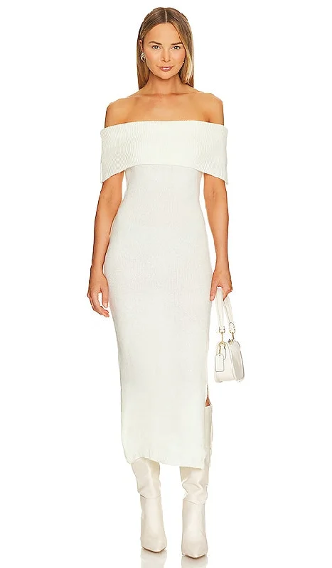 SNDYS x REVOLVE Off Shoulder Sweater Midi Dress in Ivory Satin Fabric Silk Fabric Chiffon Fabric SNDYS x REVOLVE Off Shoulder Sweater Midi Dress in Ivory Satin Fabric Silk Fabric Chiffon Fabric