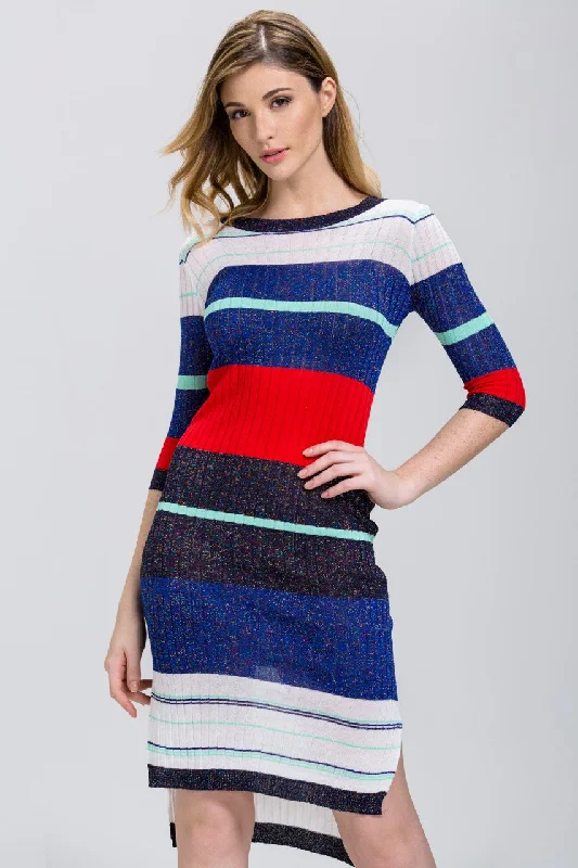 Striped Bodycon Sweater Dress with High-Low Hemline Fleece Fabric Down Fabric Feather Fabric