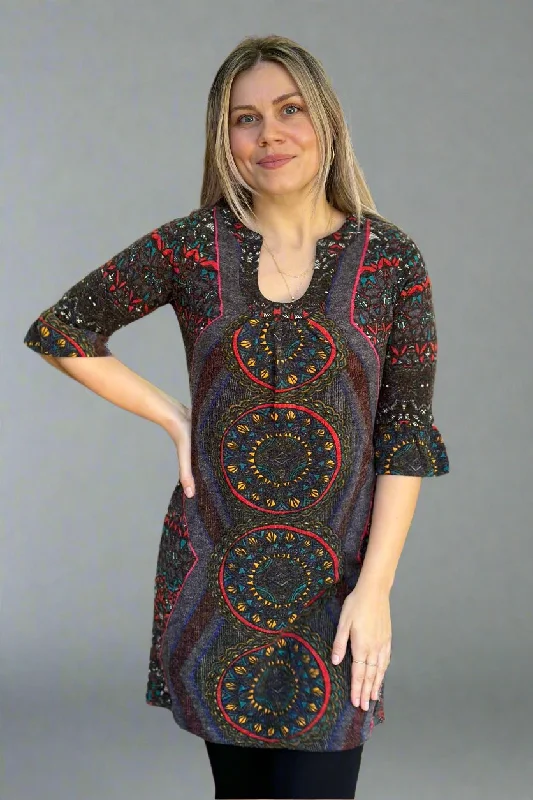 V-Neck Mandala Sweater Dress Nylon Fabric Polyester Fabric Spandex Fabric
