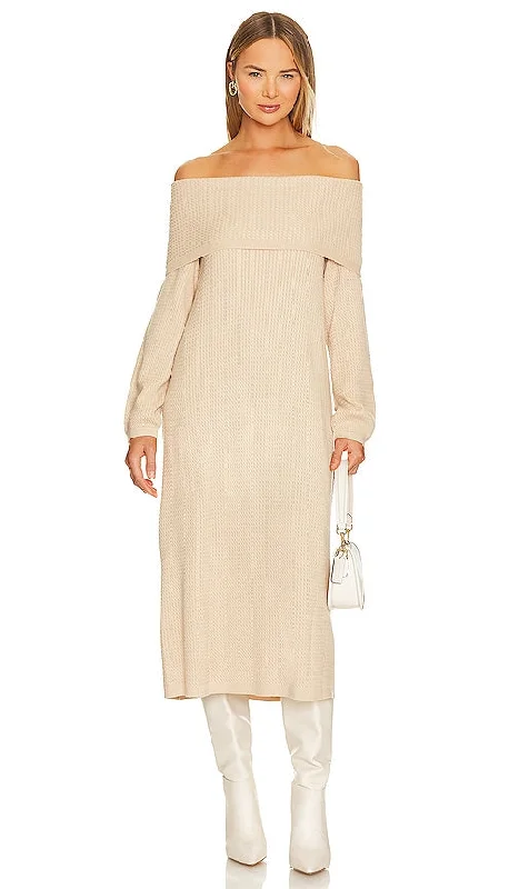 WeWoreWhat Off The Shoulder Sweater Dress in Beige Cotton Fabric Linen Fabric Terry Fabric WeWoreWhat Off The Shoulder Sweater Dress in Beige Cotton Fabric Linen Fabric Terry Fabric