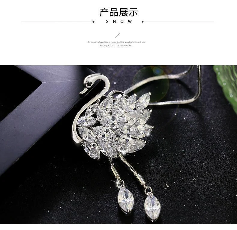Genuine Crystal Swan Sweater Necklace For Women Transparent Opaque Sheer