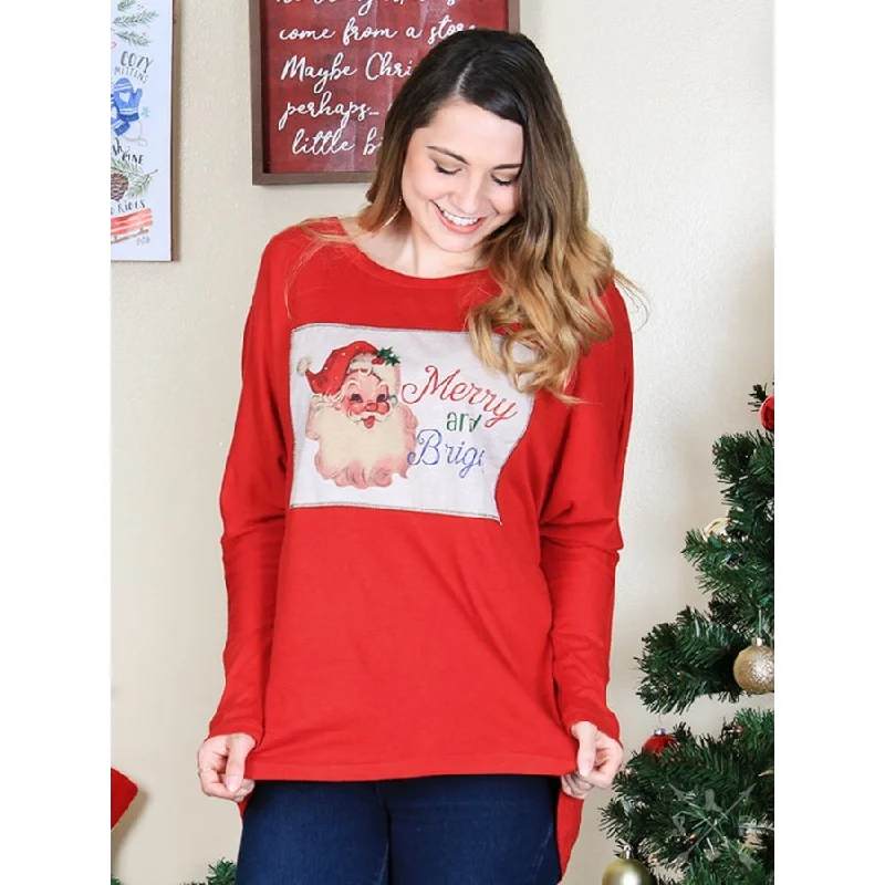 Merry and Bright Vintage Santa Patch on Red Tunic Sweater Ribbed Striped Patterned