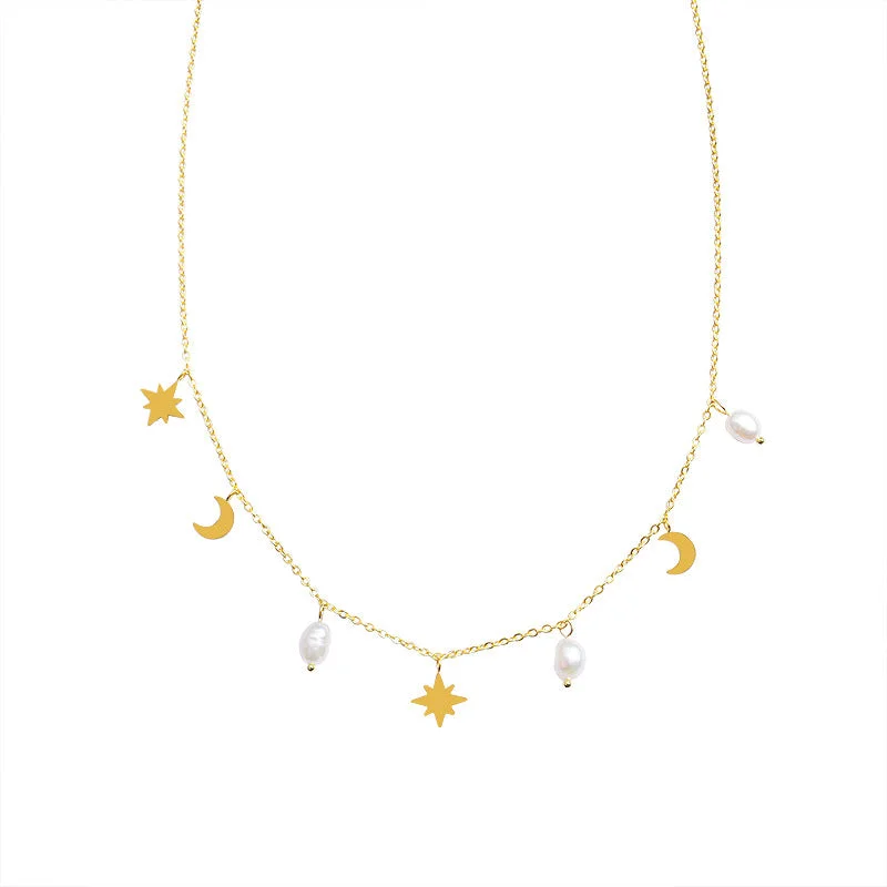 Stainless Steel Jewelry Star Moon Freshwater Pearl Tassel Clavicle Necklace Female Elegant Sweater Chain Sequined Glittery Shiny Stainless Steel Jewelry Star Moon Freshwater Pearl Tassel Clavicle Necklace Female Elegant Sweater Chain Sequined Glittery Shiny
