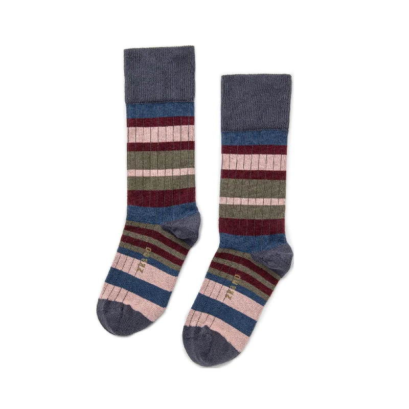 Sweater Stripe - Organic Cotton Ribbed Crew Socks - Indigo Striped Floral Plaid