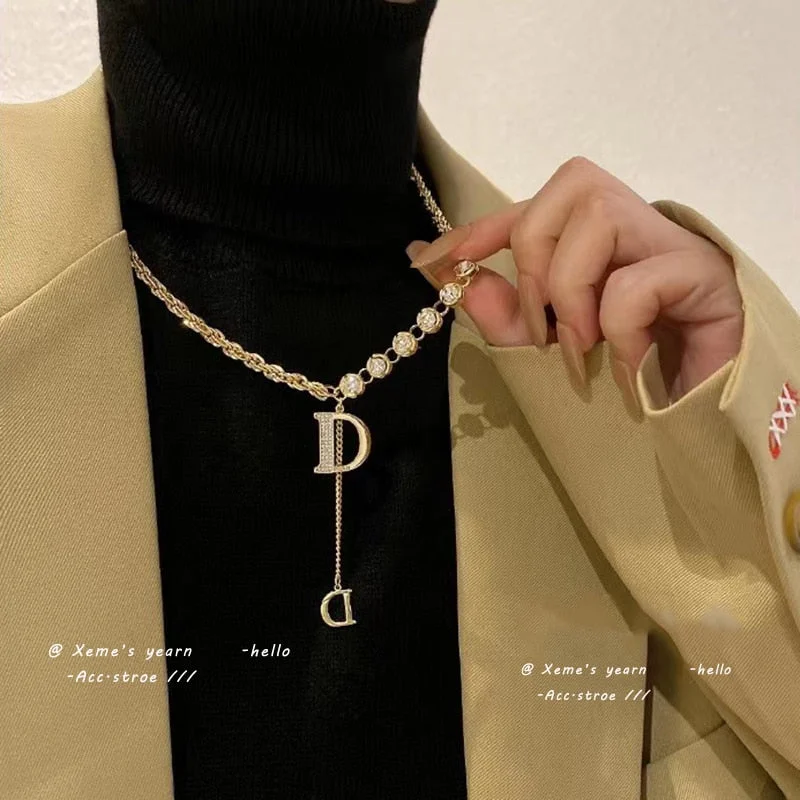 Design Sense Micro Setting Zircon D Letter Pendant Long Necklace Winter Sweater Chain Fashion Jewelry For Woman Girls Party Gift Solid Color Striped Floral Print Design Sense Micro Setting Zircon D Letter Pendant Long Necklace Winter Sweater Chain Fashion Jewelry For Woman Girls Party Gift Solid Color Striped Floral Print