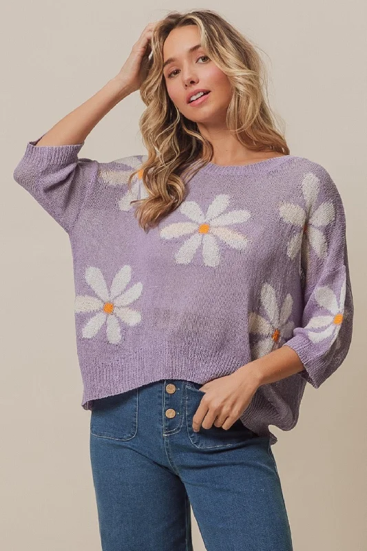 BiBi Floral Pattern Slit Sweater Striped Floral Plaid