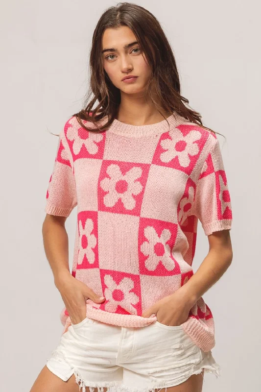 BiBi Flower Checker Pattern Short Sleeve Sweater Mesh Blend Leather Blend Suede Blend