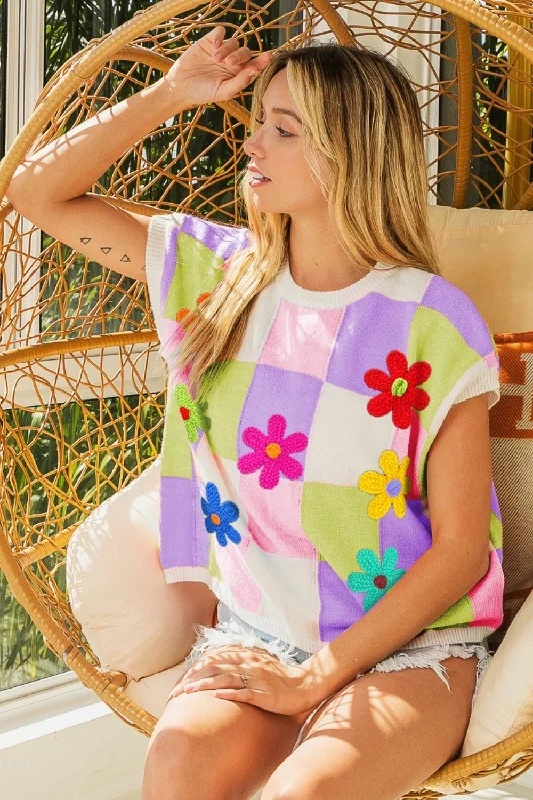 BiBi Flower Patch Checkered Sweater Vest Tailored Straight A-Line