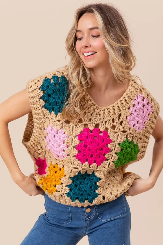 BiBi Granny Square Openwork Sweater Vest Polka Dot Checkered Tartan